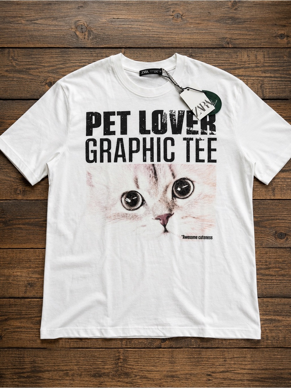 Zara Pet Lover Graphic Tee White Cat Print T-Shirt NWT Small